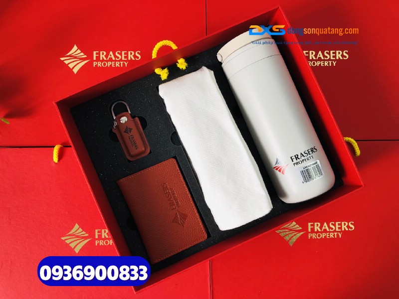 Set quà tặng doanh nhân (Bình giữ nhiệt+Ví đựng namecard+USB+Túi canvas)_In ấn logo FRASERS PROPERTY