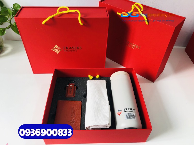 Set quà tặng doanh nhân (Bình giữ nhiệt+Ví đựng namecard+USB+Túi canvas)_In ấn logo FRASERS PROPERTY