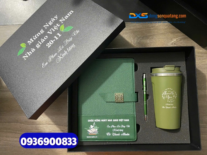 Set quà tặng nhân viên ( Sổ tay da + Bút kim loại +Ly giữ nhiệt ) SQX 014