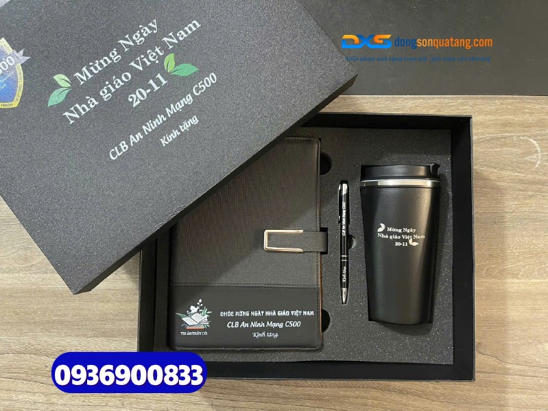 Set quà tặng nhân viên ( Sổ tay da + Bút kim loại +Ly giữ nhiệt ) SQX 014