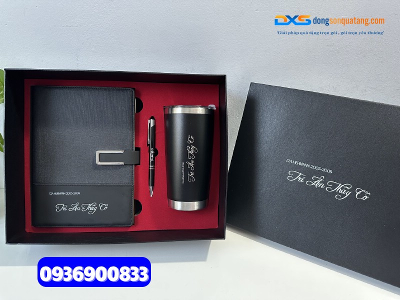 1.Set quà ( Sổ da pu gập 2 + Bút kim loại + Ly giữ nhiệt 600ml )- SQX 005 | in logo làm quà tặng nhân viên