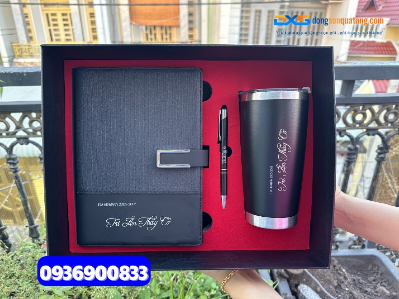 Set quà ( Sổ da pu gập 2 + Bút kim loại + Ly giữ nhiệt 600ml )- SQX 005 | in logo làm quà tặng nhân viên
