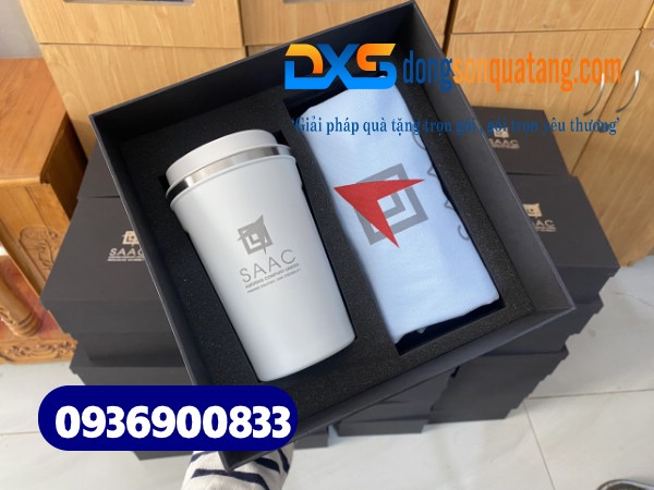 Bộ giftset quà tặng ( Túi vải canvas+Ly giữ nhiệt ) In logo Doanh Nghiệp SAAC