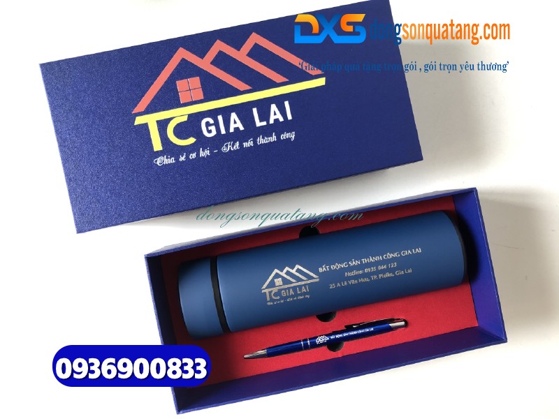 Bộ quà tặng Bình giữ nhiệt & Bút - In khắc logo BĐS Thành Công Gia Lai