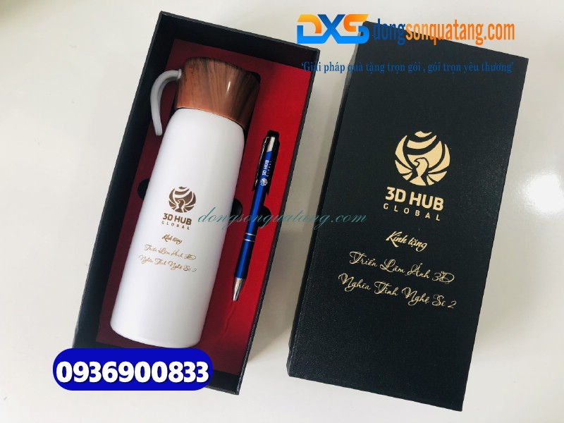 Bộ quà tặng Bình giữ nhiệt & Bút - Khắc logo 3D HUB GLOBAL