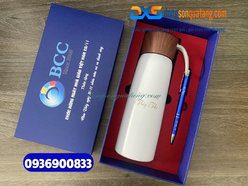 Bộ quà tặng Bình giữ nhiệt & bút - In khắc logo BCC