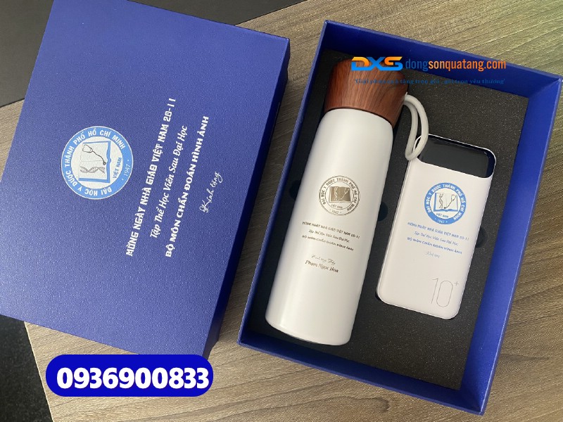 Set quà tặng tri ân ngành y tế ( Bình giữ nhiệt + Bút kim loại ) - In khắc logo Trường ĐH Y Dược