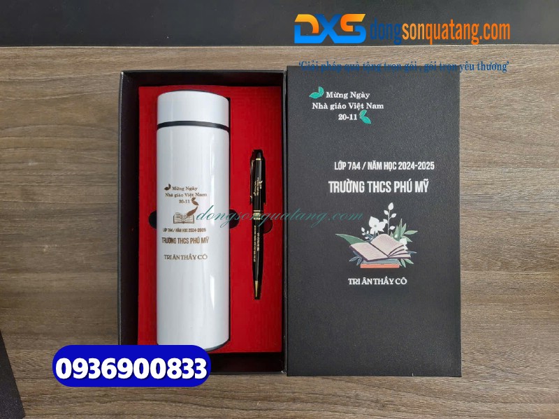 Set quà tặng Bình giữ nhiệt Bút ký In khắc nội dun tri ân thầy cô