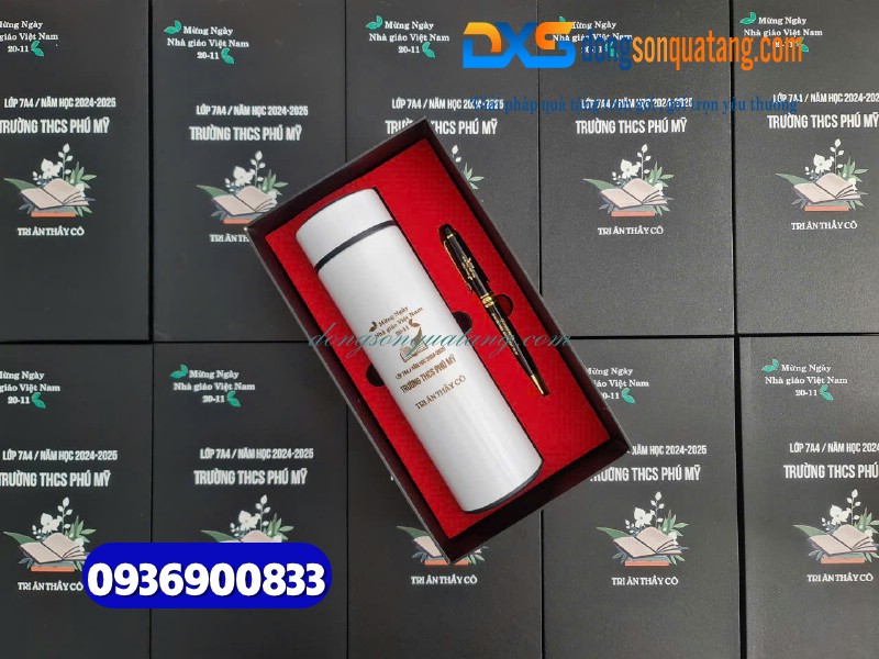 Set quà tặng Bình giữ nhiệt Bút ký In khắc nội dun tri ân thầy cô