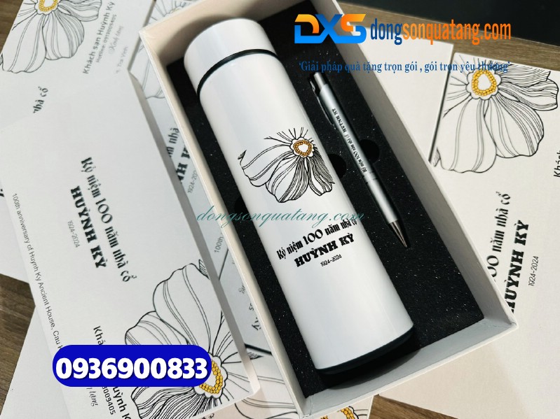 Set quà tặng Doanh Nghiệp Bình giữ nhiệt bút kim loại in logo HUỲNH KỲ