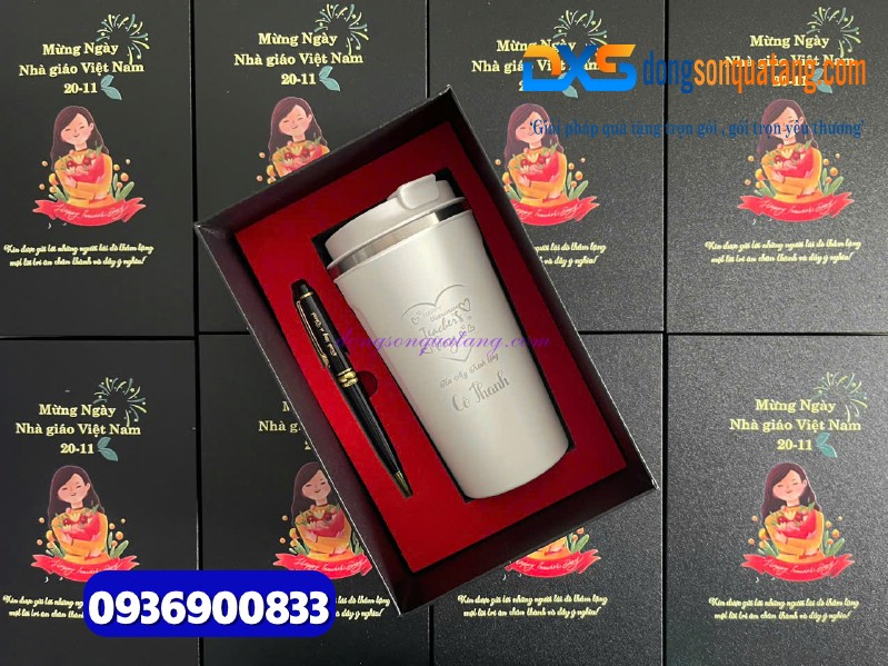 Set quà ( Ly giữ nhiệt 510ml màu trắng + Bút ký kim loại ) làm quà tặng tri ân thầy cô