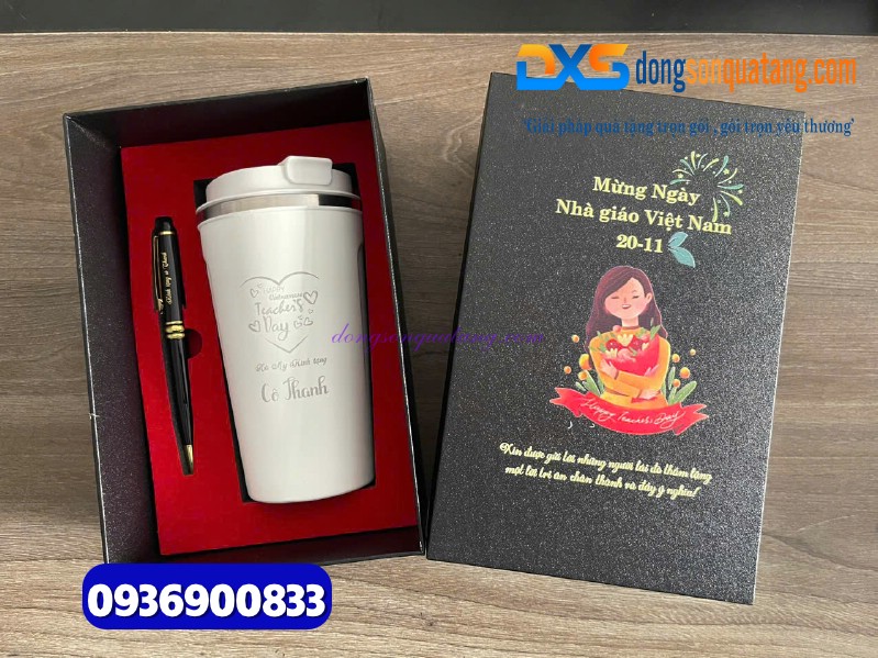 Set quà ( Ly giữ nhiệt 510ml màu trắng + Bút ký kim loại ) làm quà tặng tri ân thầy cô
