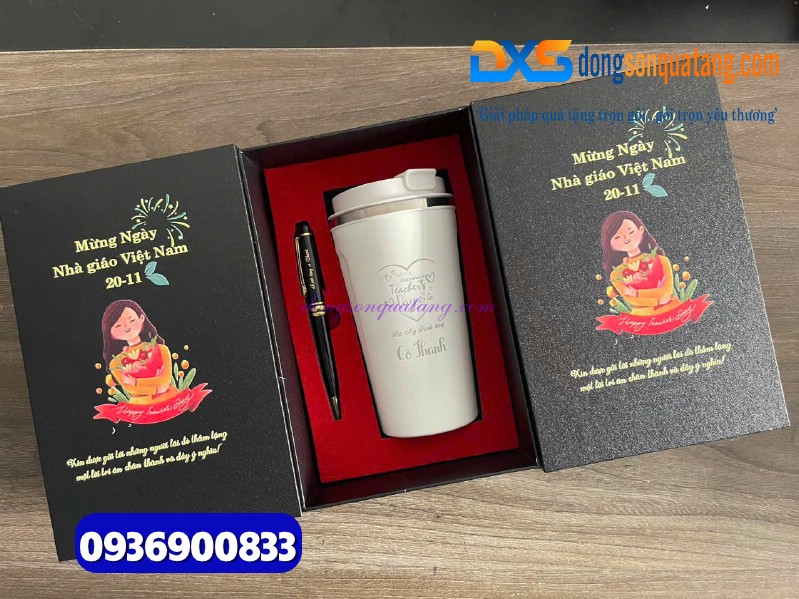 Set quà ( Ly giữ nhiệt 510ml màu trắng + Bút ký kim loại ) làm quà tặng tri ân thầy cô
