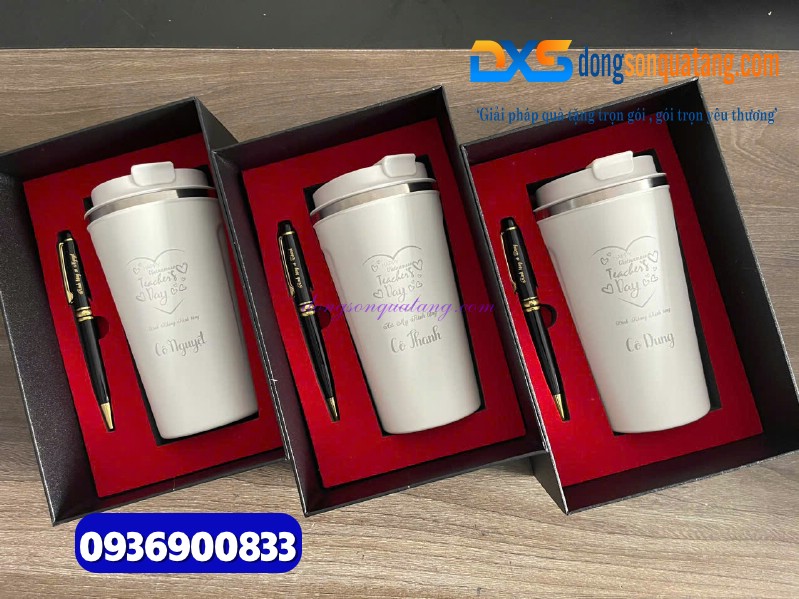 Set quà ( Ly giữ nhiệt 510ml màu trắng + Bút ký kim loại ) làm quà tặng tri ân thầy cô
