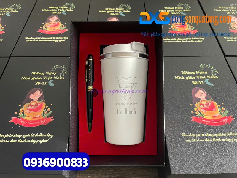 Set quà ( Ly giữ nhiệt 510ml màu trắng + Bút ký kim loại ) làm quà tặng tri ân thầy cô