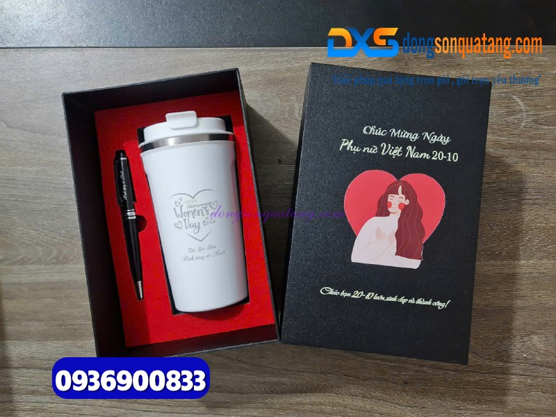 Set quà ( Ly giữ nhiệt 510ml màu trắng + Bút ký kim loại ) làm quà tặng tri ân thầy cô