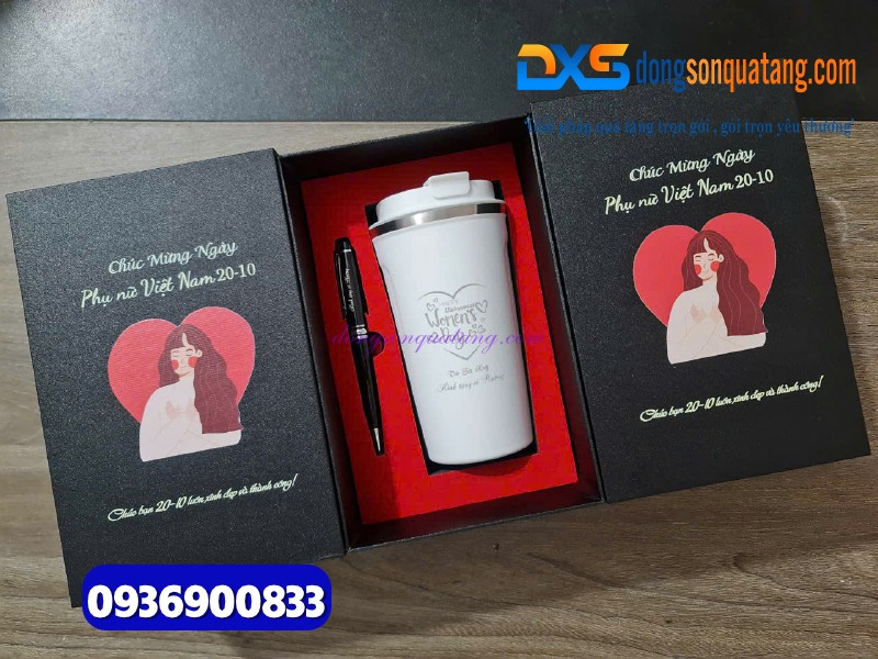 Set quà ( Ly giữ nhiệt 510ml màu trắng + Bút ký kim loại ) làm quà tặng tri ân thầy cô