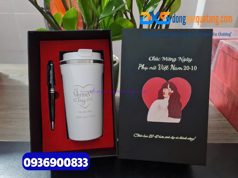 Set quà ( Ly giữ nhiệt 510ml màu trắng + Bút ký kim loại ) làm quà tặng tri ân thầy cô