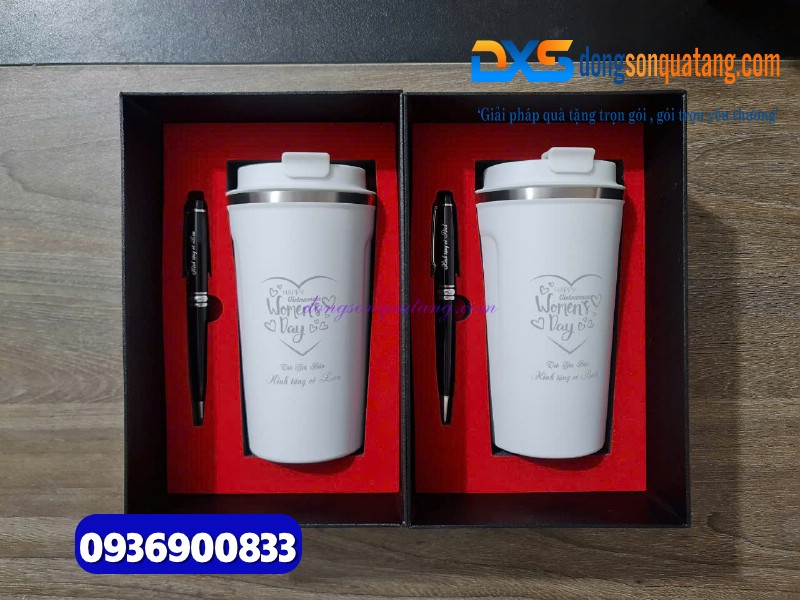 Set quà ( Ly giữ nhiệt 510ml màu trắng + Bút ký kim loại ) làm quà tặng tri ân thầy cô