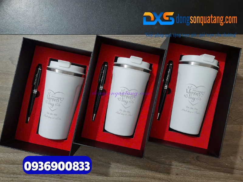 Set quà ( Ly giữ nhiệt 510ml màu trắng + Bút ký kim loại ) làm quà tặng tri ân thầy cô