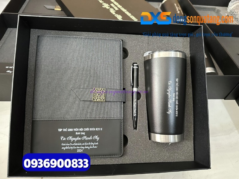 Bộ quà tặng ( Sổ tay bìa còng + Bút ký kim loại+ Ly giữ nhiệt) màu đen - in khắc nội dung tri ân thầy cô