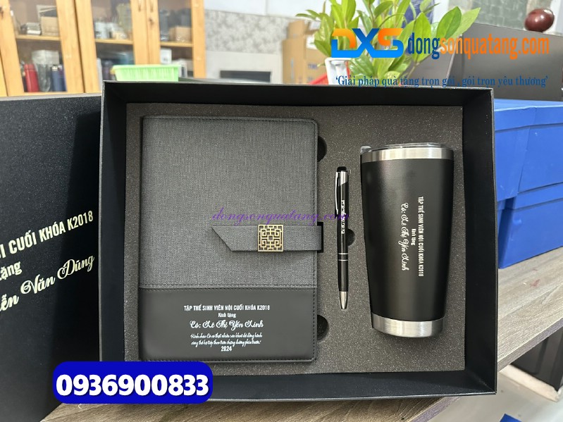 Bộ quà tặng ( Sổ tay bìa còng + Bút ký kim loại+ Ly giữ nhiệt) màu đen - in khắc nội dung tri ân thầy cô