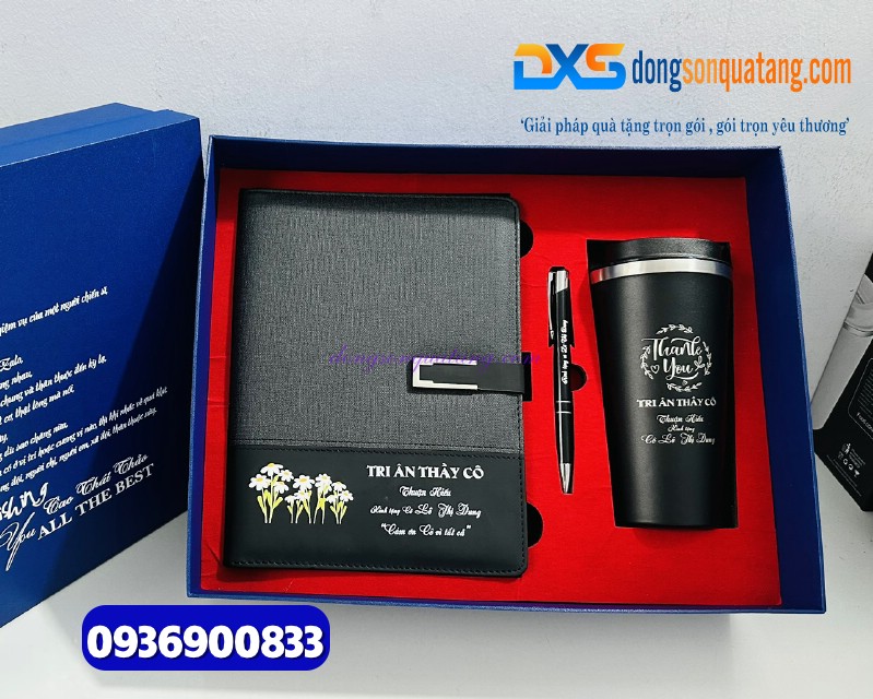 Bộ quà tặng ( Sổ tay bìa còng + Bút ký kim loại+ Ly giữ nhiệt) màu đen - in khắc nội dung tri ân thầy cô