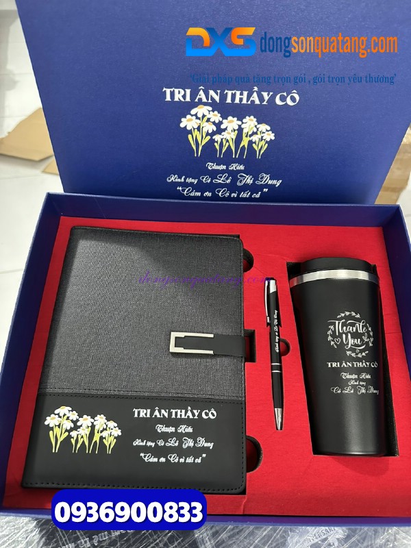 Bộ quà tặng ( Sổ tay bìa còng + Bút ký kim loại+ Ly giữ nhiệt) màu đen - in khắc nội dung tri ân thầy cô