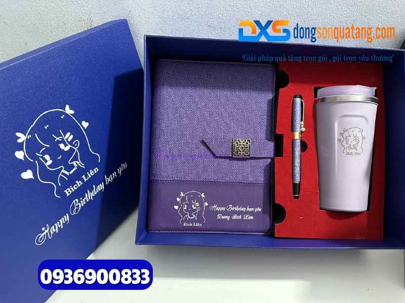 Bộ quà tặng ( Sổ tay bìa còng + Bút ký kim loại+ Ly giữ nhiệt) màu tím - in khắc nội dung tri ân thầy cô