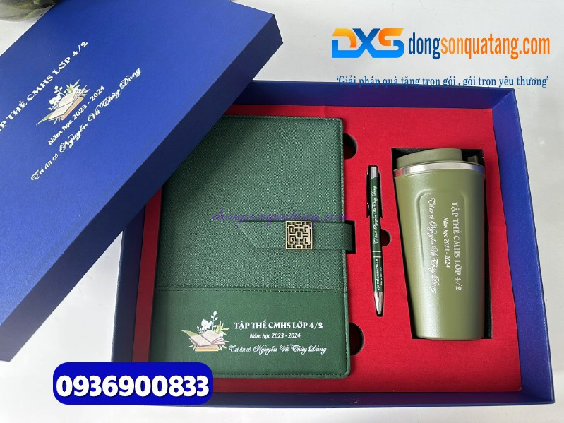 Bộ quà tặng ( Sổ tay bìa còng + Bút ký kim loại+ Ly giữ nhiệt) màu xanh lá - in khắc nội dung tri ân thầy cô