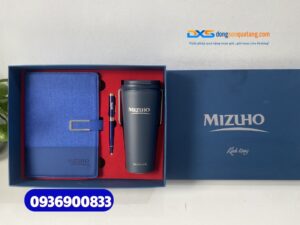 Set quà tặng đối tác Ngân Hàng ( Sổ tay bìa da + Ly giữ nhiệt LocknLock +Bút kim loại ) - SQX 018 | In khắc logo Ngân Hàng MIZUHO 