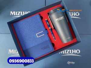 Set quà tặng đối tác Ngân Hàng ( Sổ tay bìa da + Ly giữ nhiệt LocknLock +Bút kim loại ) - SQX 018 | In khắc logo Ngân Hàng MIZUHO 