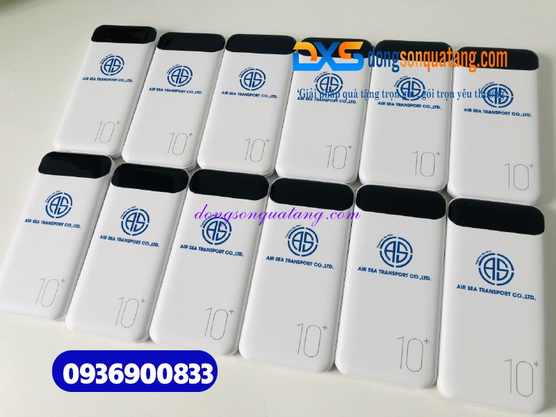 Pin sạc dự phòng 10000 mAh WK WP 161 , màu trắng , hiện thị phần % - in logo AIR SEA TRANSPORT 