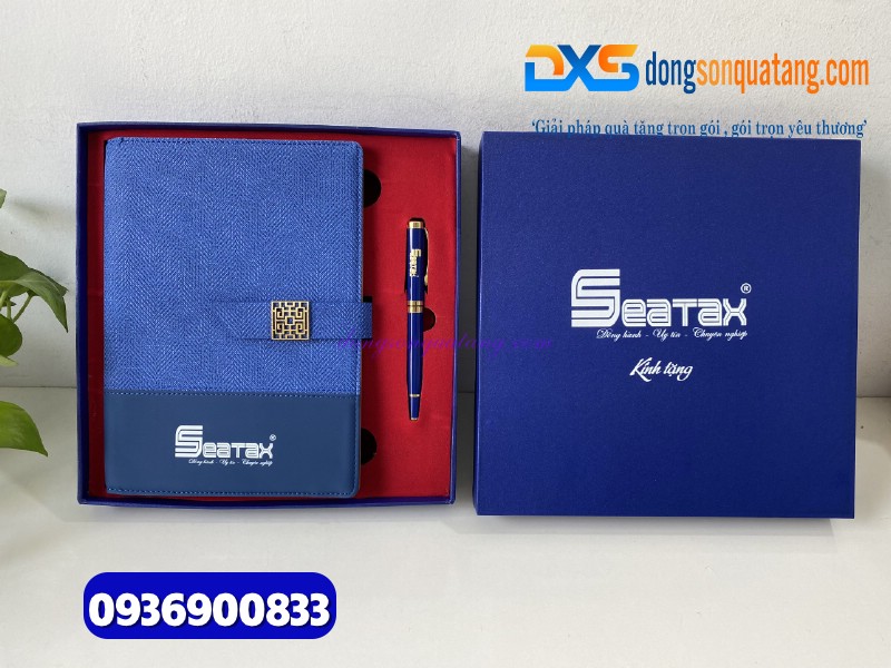 Set quà tặng đối tác  (Sổ tay da+ Bút nắp kim loại ) màu xanh In logo SEATAX