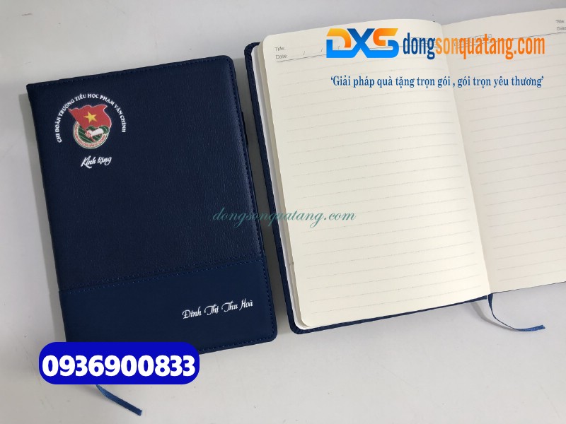 Sổ Tay Dán Gáy Bìa Da Cao Cấp , màu xanh - In Logo ĐOÀN VIÊN