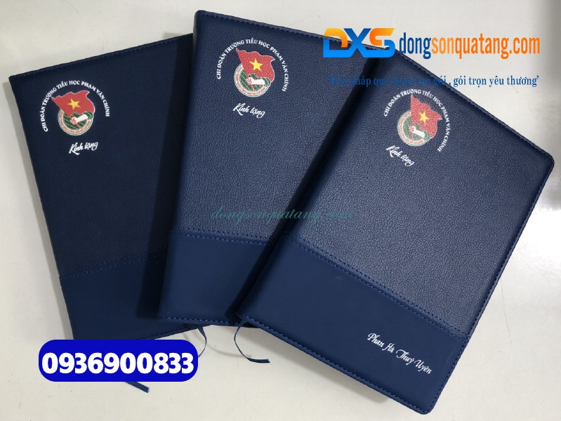 Sổ Tay Dán Gáy Bìa Da Cao Cấp , màu xanh - In Logo ĐOÀN VIÊN