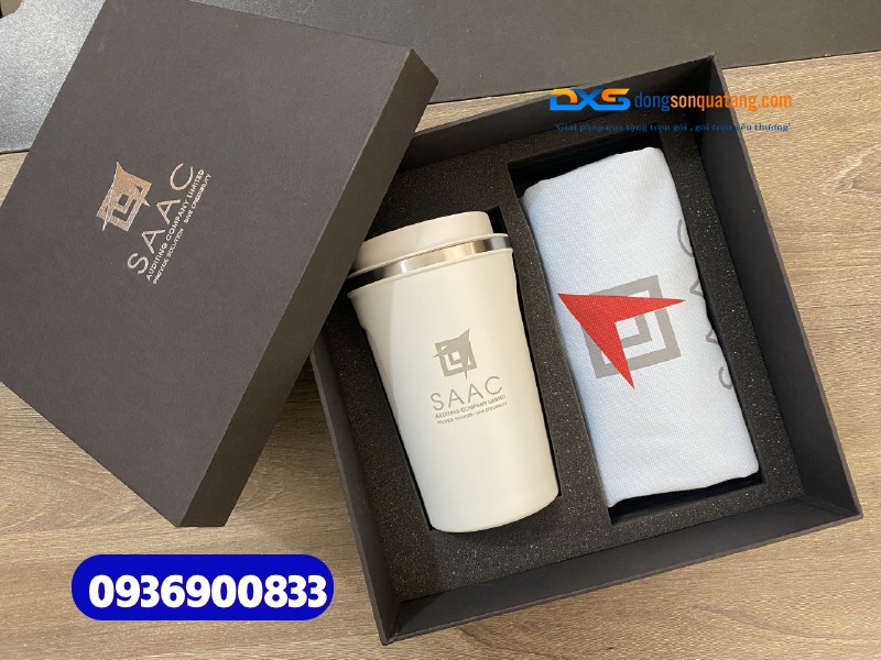 Set quà tặng lĩnh vực thuế (Ly giữ nhiệt & Túi vải canvas )-SQX 022 | In logo Công ty kiểm toán SAAC