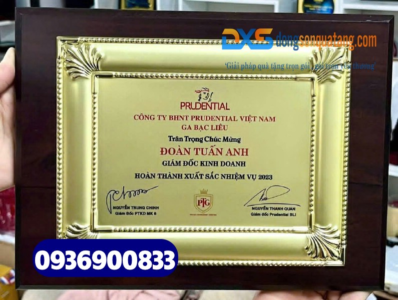 Bảng vinh danh cá nhân xuất khung gỗ , mạ vàng , in tên slogan Công Ty