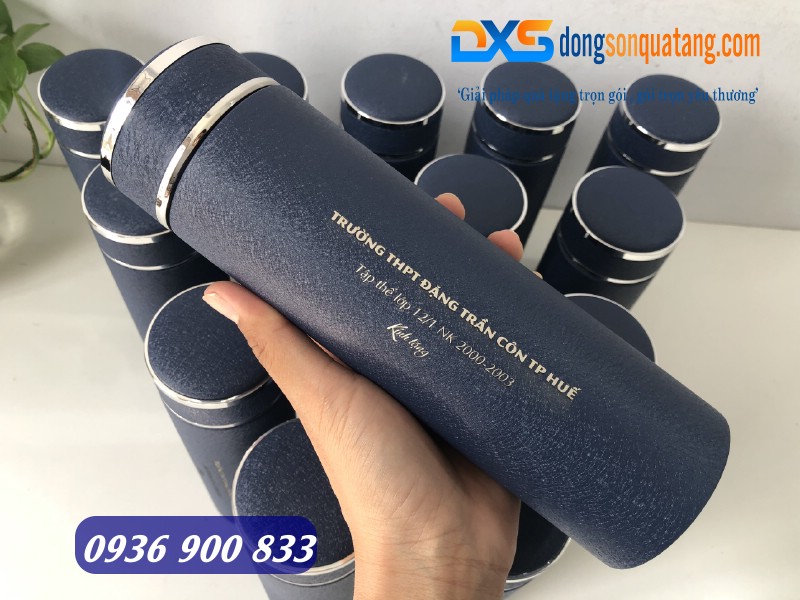 Bình giữ nhiệt inox màu xanh khắc logo TRƯỜNG THPT ĐẶNG TRẦN CÔN TP.HUẾ
