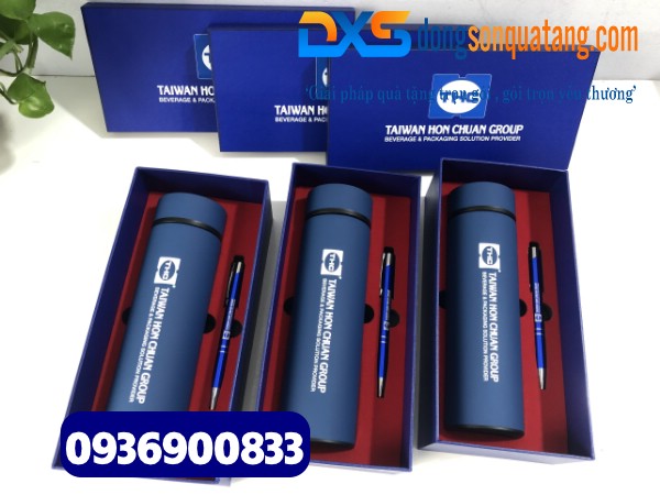 Set quà tặng Bình giữ nhiệt + bút kim loại khắc logo Doanh Nghiệp 