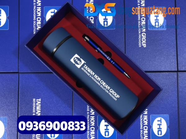 Set quà tặng Bình giữ nhiệt + bút kim loại khắc logo Doanh Nghiệp THC