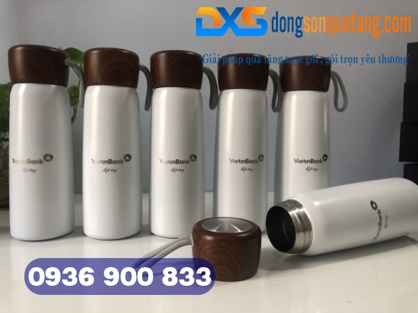 Bình giữ nhiệt nắp vân gỗ khắc logo Ngân Hàng Vietinbank