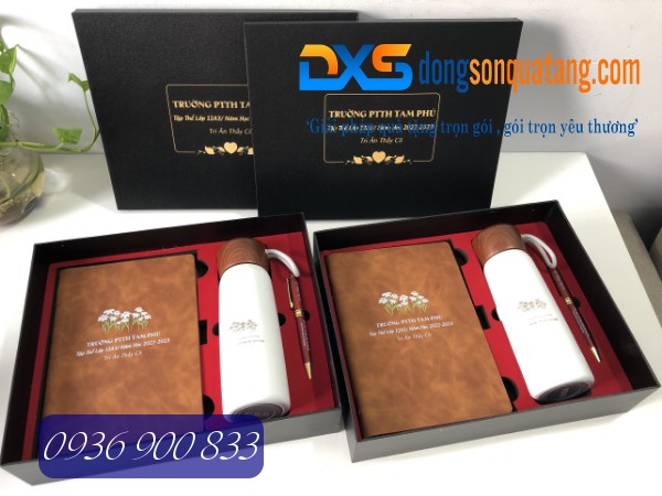 Combo Quà Tặng ( Sổ tay + Bút gỗ + Bình giữ nhiệt ) In Nội Dung Tri Ân Thầy Cô Giáo
