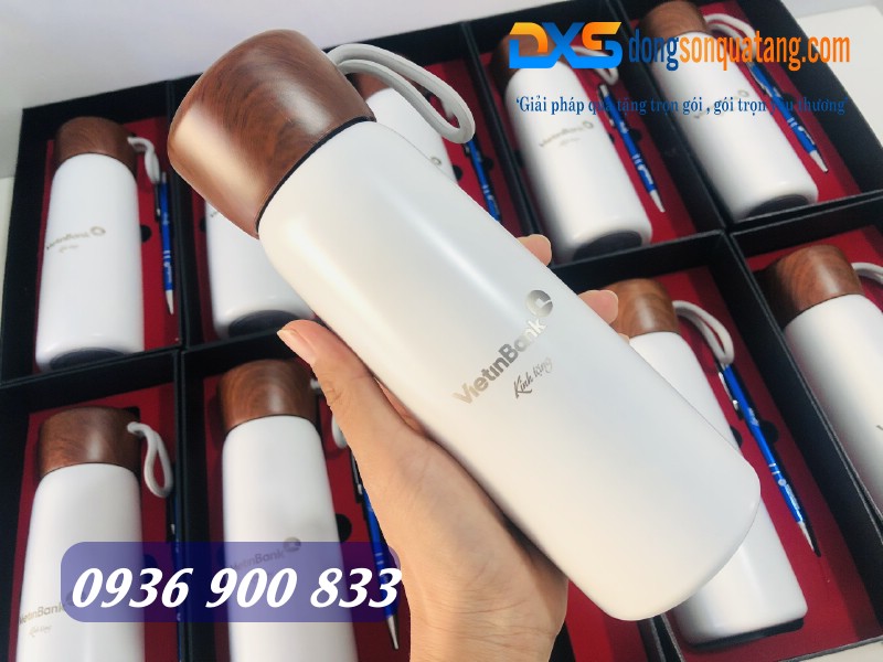 Bình giữ nhiệt nắp gỗ kèm quai xách inox 304