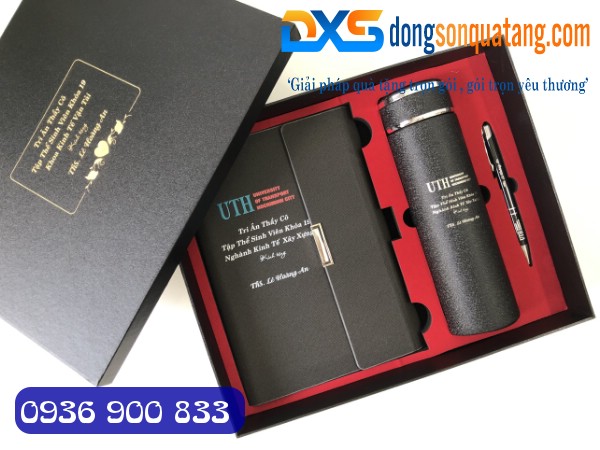 QTH 003 - Bộ Quà Tặng Cao Cấp (Sổ Da + Bút + Bình) In Logo Quà Tặng Trường Học