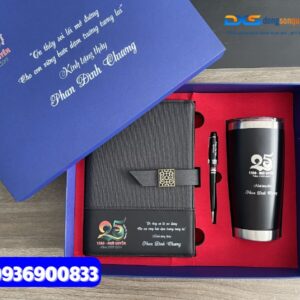 1.Set quà ( Sổ da pu gập 2 + Bút kim loại + Ly giữ nhiệt 600ml )- SQX 005 | in logo làm quà tặng nhân viên 