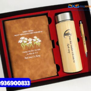 Set quà tặng doanh nghiệp ( Bình giữ nhiệt gỗ + Bút gỗ + Sổ tay da Pu gấp 2 ) - SQX 004