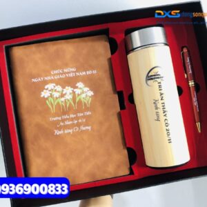 Set quà tặng doanh nghiệp ( Bình giữ nhiệt gỗ + Bút gỗ + Sổ tay da Pu gấp 2 ) - SQX 004