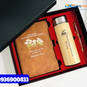 Set quà tặng doanh nghiệp ( Bình giữ nhiệt gỗ + Bút gỗ + Sổ tay da Pu gấp 2 ) - SQX 004