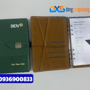 Sổ da thật cao cấp gập 2 kèm nam châm , màu xanh lá - In logo Ngân hàng BIDV